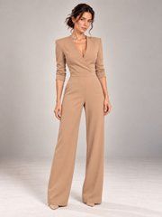 Women's classic jumpsuit from BYURSE, Beige, Costume fabric, Аutumn winter, Overalls, Cloth, plain, Overalls, 1 kg, Yes, Ukraine, 95% wool, 5% elastan, Sleeve 3/4, plain, Fitted, With smell, Casual, jumpsuit pants, With pockets