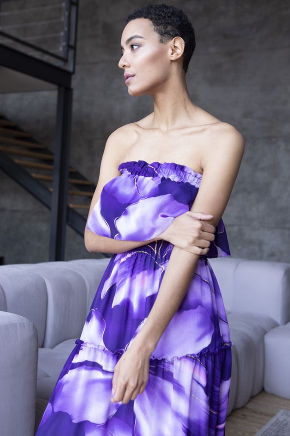 Summer, cruise dress from chiffon Allegra from BYURSE, Purple, Silk chiffon, Maxi, Spring Summer, Casual, Cloth, Floral, Dress, 1 kg, Yes, Ukraine, 95% silk, 5% elastane, Sleeveless, With flounces, off the shoulder, On an elastic band, Asymmetrical cut, Casual, Dress with full skirt