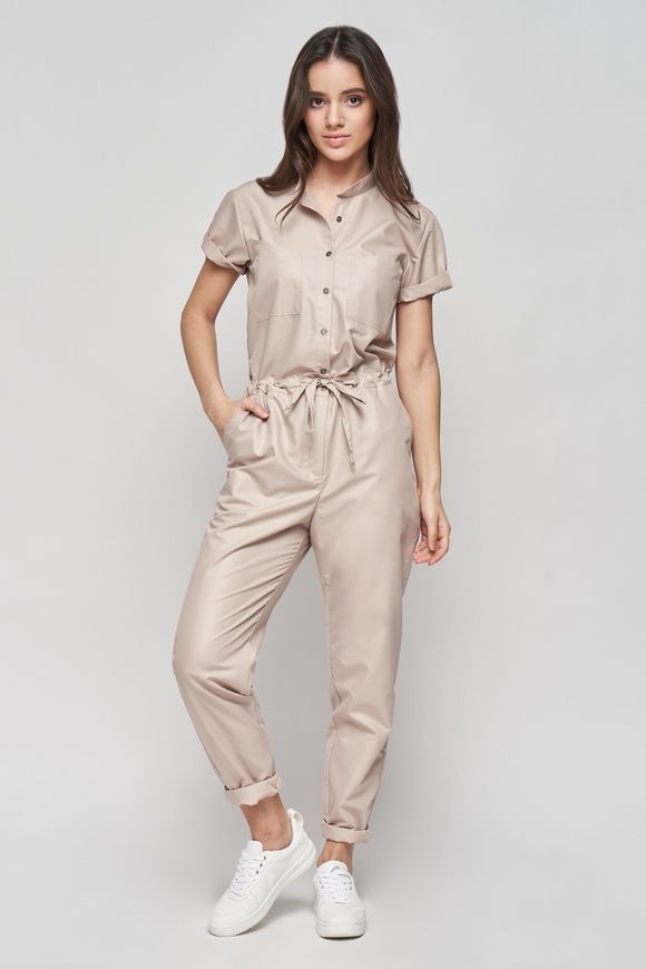 Summer, beige jumpsuit made of cotton Smart casual from BYURSE, 44, Beige, Cotton, Spring Summer, Overalls, Cloth, plain, Overalls, 1 kg, Yes, Ukraine, 95% cotton, 5% elastan, Short sleeve, With strings, oversize, Buttoned, Casual, jumpsuit pants, With pockets