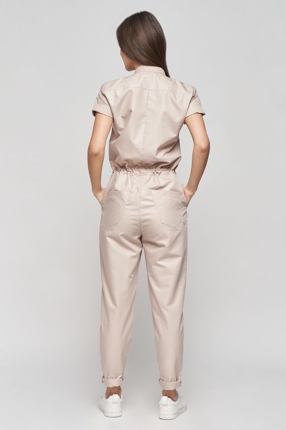 Summer, beige jumpsuit made of cotton Smart casual from BYURSE, 44, Beige, Cotton, Spring Summer, Overalls, Cloth, plain, Overalls, 1 kg, Yes, Ukraine, 95% cotton, 5% elastan, Short sleeve, With strings, oversize, Buttoned, Casual, jumpsuit pants, With pockets