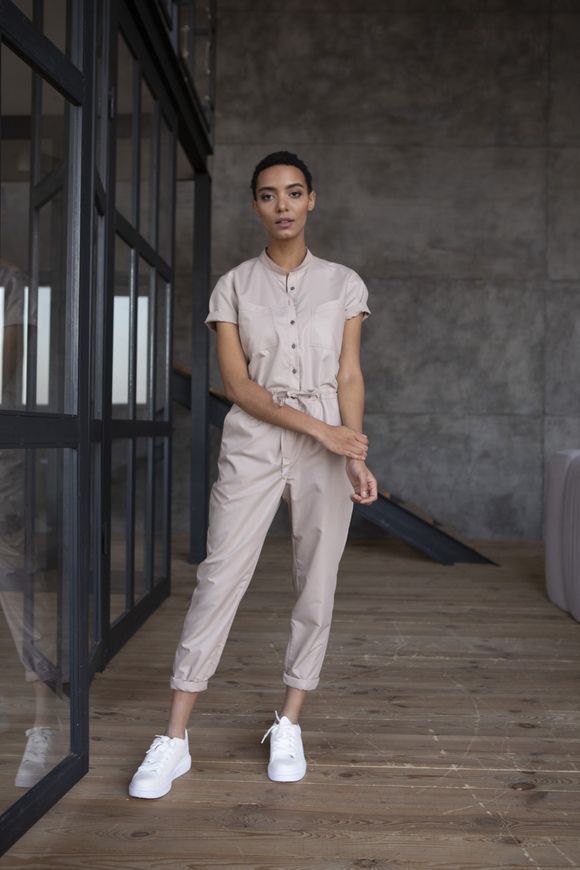 Summer, beige jumpsuit made of cotton Smart casual from BYURSE, 44, Beige, Cotton, Spring Summer, Overalls, Cloth, plain, Overalls, 1 kg, Yes, Ukraine, 95% cotton, 5% elastan, Short sleeve, With strings, oversize, Buttoned, Casual, jumpsuit pants, With pockets