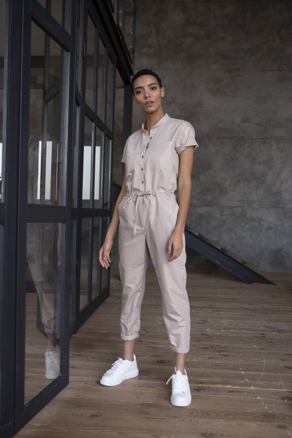 Summer, beige jumpsuit made of cotton Smart casual from BYURSE, 44, Beige, Cotton, Spring Summer, Overalls, Cloth, plain, Overalls, 1 kg, Yes, Ukraine, 95% cotton, 5% elastan, Short sleeve, With strings, oversize, Buttoned, Casual, jumpsuit pants, With pockets