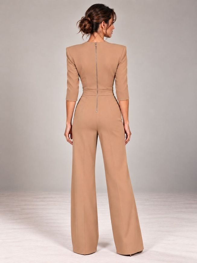 Women's classic jumpsuit from BYURSE, Beige, Costume fabric, Аutumn winter, Overalls, Cloth, plain, Overalls, 1 kg, Yes, Ukraine, 95% wool, 5% elastan, Sleeve 3/4, plain, Fitted, With smell, Casual, jumpsuit pants, With pockets