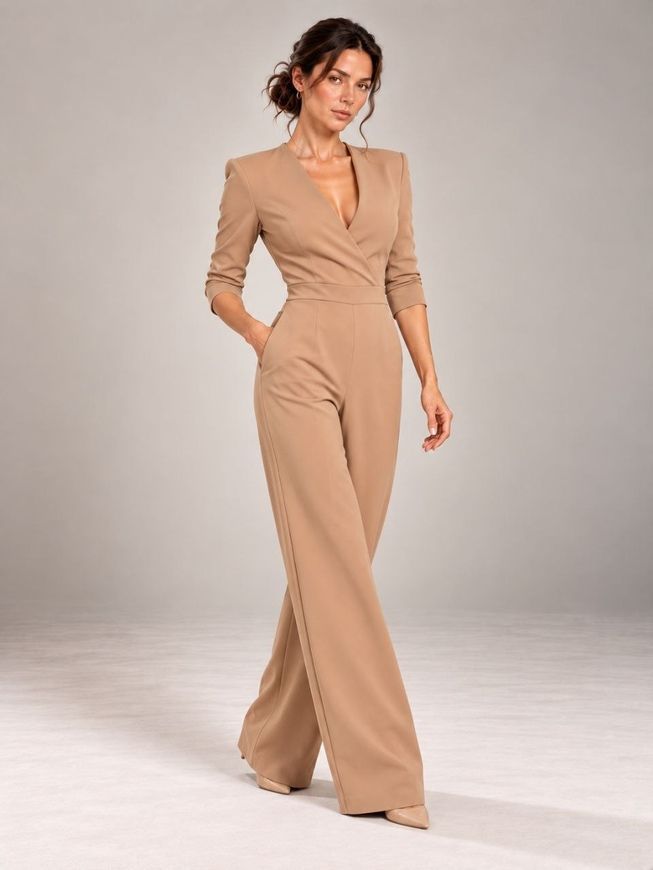 Women's classic jumpsuit from BYURSE, Beige, Costume fabric, Аutumn winter, Overalls, Cloth, plain, Overalls, 1 kg, Yes, Ukraine, 95% wool, 5% elastan, Sleeve 3/4, plain, Fitted, With smell, Casual, jumpsuit pants, With pockets
