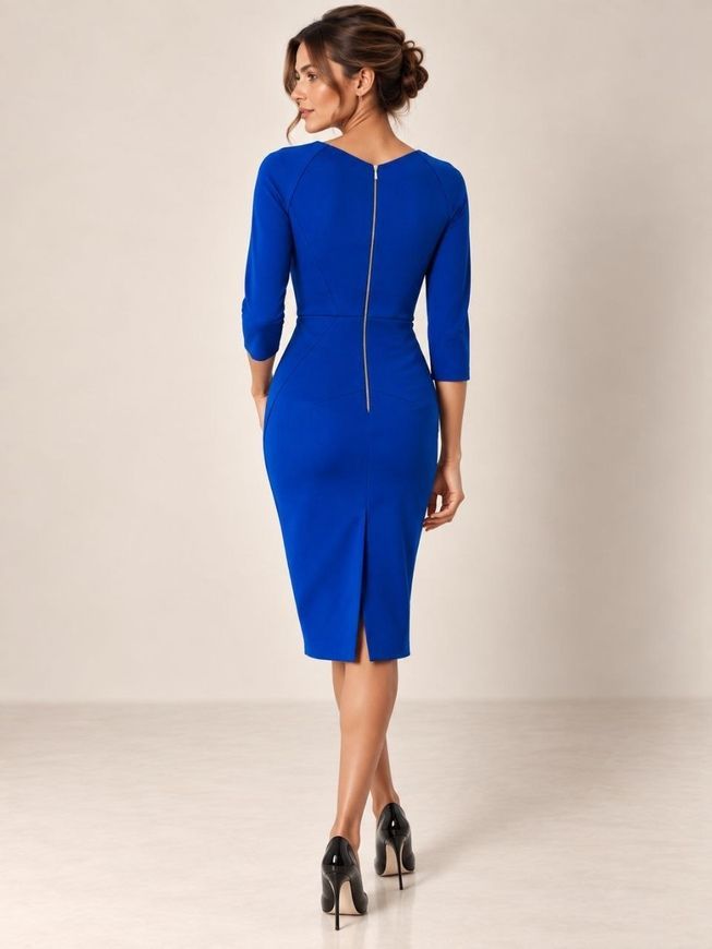 Classic dress - sheath ultramarine Melania from BYURSE, Blue electrician, Costume fabric, Midi, Аutumn winter, Office dress, Cloth, plain, Dress, 1 kg, Yes, Ukraine, 95% wool, 5% elastan, Sleeve 3/4, plain, tight-fitting, With a zipper, V-neck, Classical, Dresses - case, Raglan sleeve