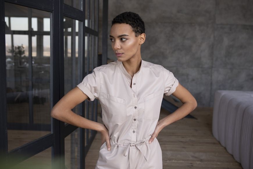 Summer, beige jumpsuit made of cotton Smart casual from BYURSE, 44, Beige, Cotton, Spring Summer, Overalls, Cloth, plain, Overalls, 1 kg, Yes, Ukraine, 95% cotton, 5% elastan, Short sleeve, With strings, oversize, Buttoned, Casual, jumpsuit pants, With pockets