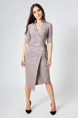 Suede dress Ember  by BYURSE, 42, gray, Textile suede, Midi, Аutumn winter, Office dress, Cloth, plain, Dress, 1 kg, Yes, Ukraine, Текстильный замш, Sleeve 3/4, With belt, asymmetrical, With smell, V-neck, Business, Wrap dresses, With a collar