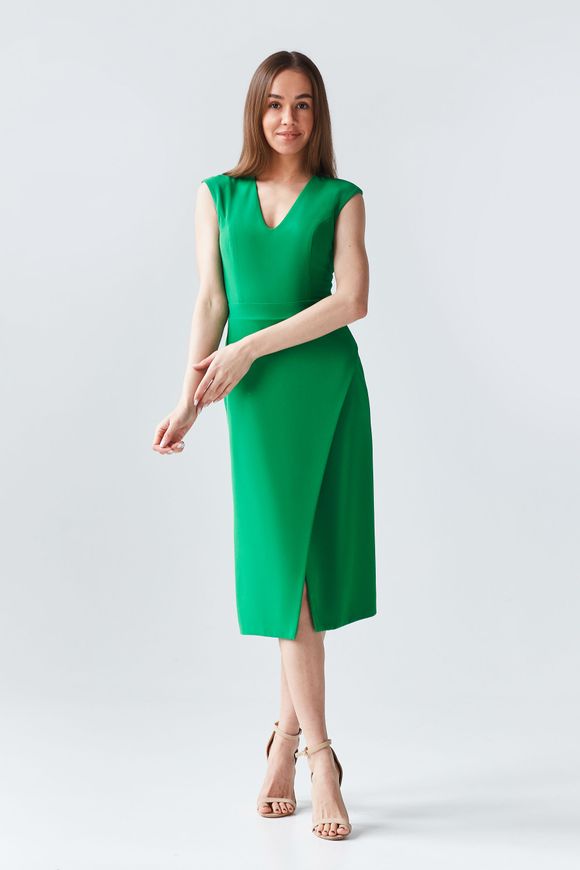 Classic green dress Jessica by BYURSE, Green, Crepe, Midi, Spring Summer, Office dress, Cloth, plain, Dress, 1 kg, Yes, Ukraine, 95% viscose, 5% elastane, Sleeveless, plain, On the smell, With a zipper, V-neck, Classical, Wrap dresses, With a slit