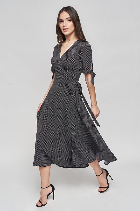 Summer wrap dress Zara with polka dots from BYURSE, Black and white, Dress fabric, Midi, Spring Summer, Casual, Cloth, Polka dots, Dress, 1 kg, Yes, Ukraine, 95% viscose, 5% elastane, Short sleeve, With strings, flared, With smell, V-neck, Casual, Wrap dresses, With a slit