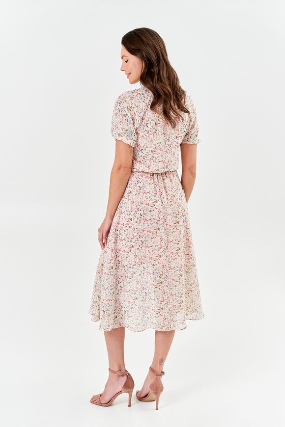 Silk dress Irene from BYURSE, Print, Silk chiffon, Midi, Spring Summer, Dresses, Cloth, Floral, Dress, 1 kg, Yes, Ukraine, 95% silk, 5% elastane, Short sleeve, Printed, flared, On an elastic band, Round neckline, Casual, Dress with full skirt