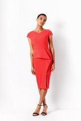 Summer, coral dress - a case with a flounce Megan from BYURSE, Coral, Crepe, Midi, Spring Summer, Cocktail Dresses, Cloth, plain, Dress, 1 kg, Yes, Ukraine, 95% viscose, 5% elastane, Sleeveless, С баской, tight-fitting, With a zipper, V-neck, Classical, Dresses - case, With a slit