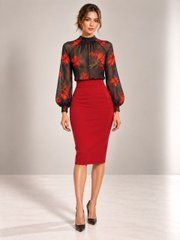 Combined dress - case midi Stephanie from BYURSE, Red, Silk, Midi, Оff-season, Cocktail Dresses, Cloth, Combined, Dress, 1 kg, Yes, Ukraine, 95% viscose, 5% elastane, Long sleeve, Printed, tight-fitting, With a zipper, Round neckline, Classical, Dresses - case, With a collar