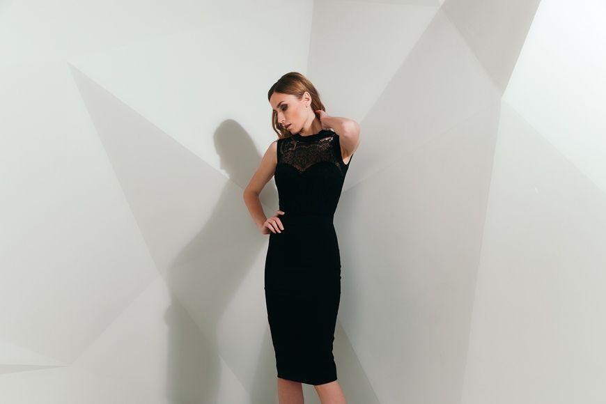 Cocktail, black dress - sheath with Gwyneth lace from BYURSE, 48, The black, Lace, Midi, Оff-season, Cocktail Dresses, Cloth, plain, Dress, 1 kg, Yes, Ukraine, 95% viscose, 5% elastane, Sleeveless, With lace, tight-fitting, With a zipper, Round neckline, cocktail, Dresses - case, With a collar