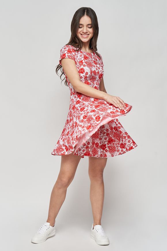Summer,  linen dress Paulette from BYURSE, Red - white, Linen, Міni, Spring Summer, Casual, Cloth, Abstract, Dress, 1 kg, Yes, Ukraine, Linen, Short sleeve, Printed, flared, With a zipper, Round neckline, Casual, Dress with full skirt