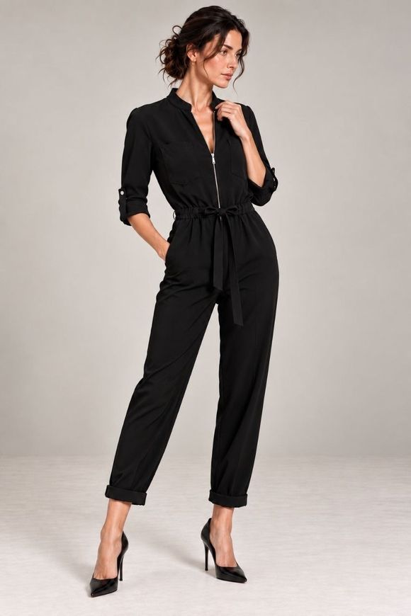 Женский, черный комбинезон с длинным рукавом Smart casual от BYURSE, 44, Черный, Диагональ, Макси, Осень-зима, Комбинезоны, Одежда, Однотонный, Комбинезоны, 1кг., Да, Украина, 95% шерсть, 5% еластан, Рукав 3/4, С поясом, Оверсайз, На молнии, Повседневный, Комбинезон брюки, С карманами