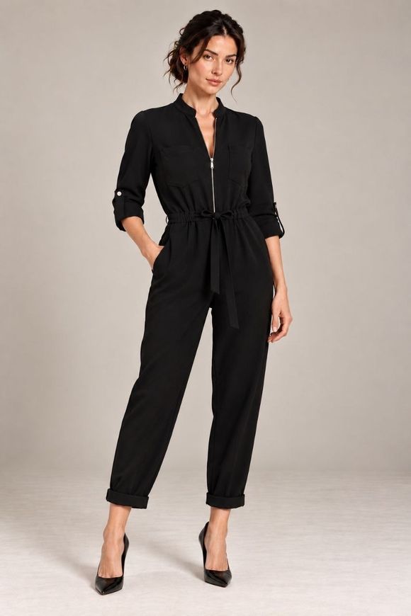 Женский, черный комбинезон с длинным рукавом Smart casual от BYURSE, 44, Черный, Диагональ, Макси, Осень-зима, Комбинезоны, Одежда, Однотонный, Комбинезоны, 1кг., Да, Украина, 95% шерсть, 5% еластан, Рукав 3/4, С поясом, Оверсайз, На молнии, Повседневный, Комбинезон брюки, С карманами