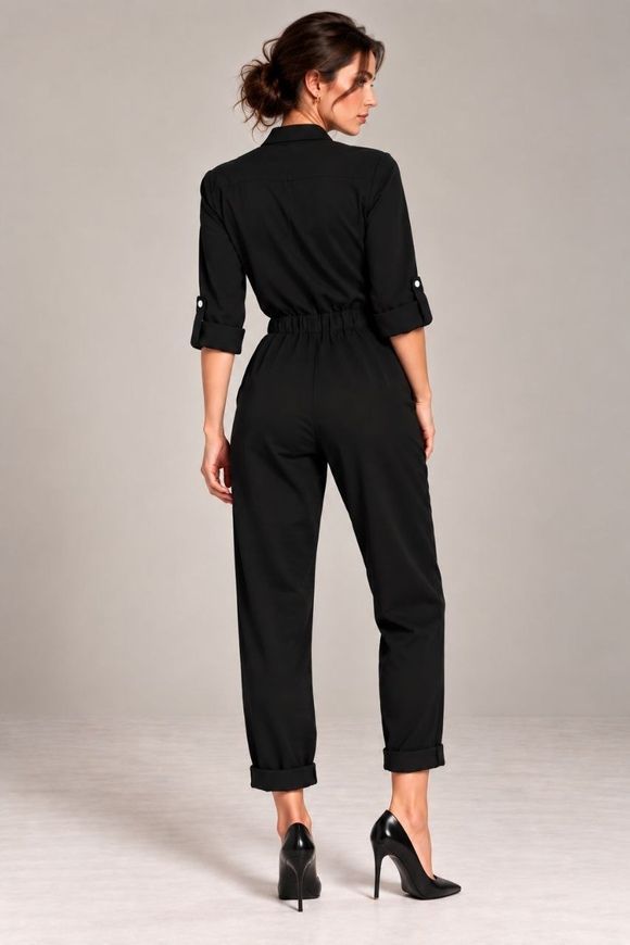 Женский, черный комбинезон с длинным рукавом Smart casual от BYURSE, 44, Черный, Диагональ, Макси, Осень-зима, Комбинезоны, Одежда, Однотонный, Комбинезоны, 1кг., Да, Украина, 95% шерсть, 5% еластан, Рукав 3/4, С поясом, Оверсайз, На молнии, Повседневный, Комбинезон брюки, С карманами